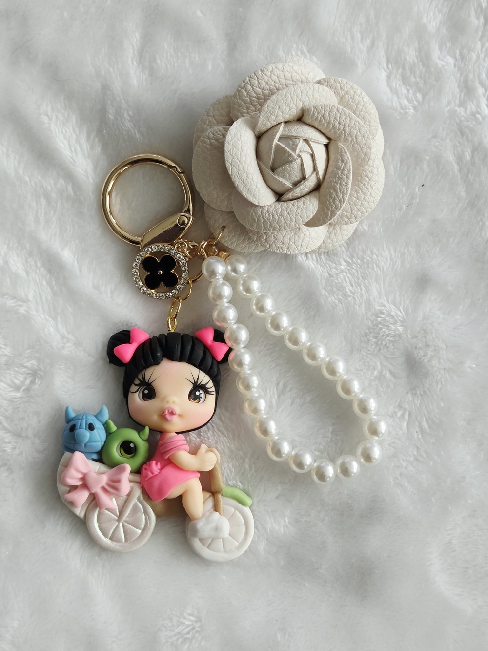 Cute Girl Bicycle Keychain with Pearl Strap Beautiful Bag Charm